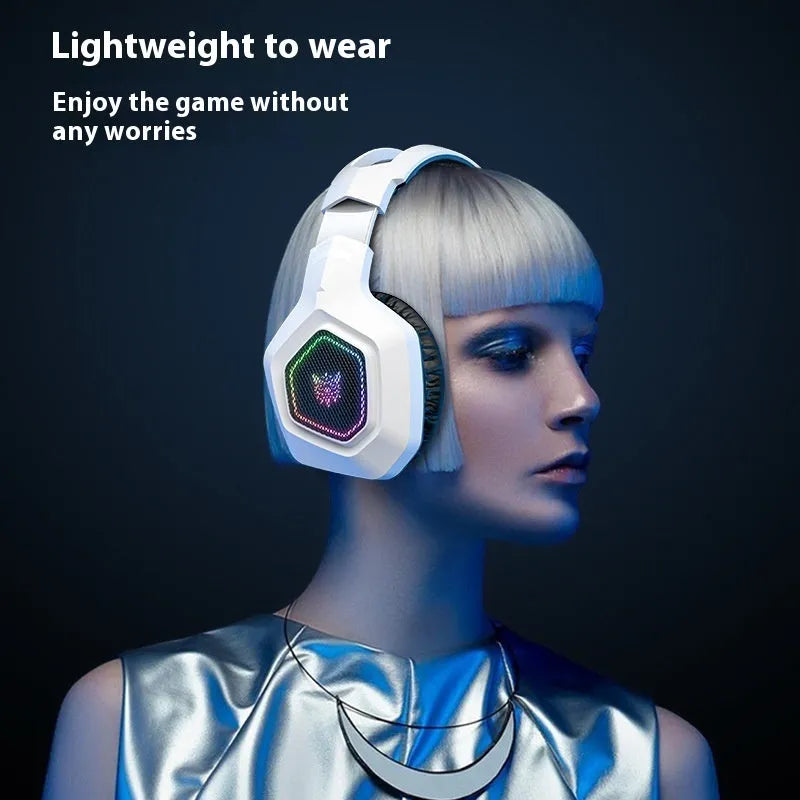 Black and white wireless gaming headset with RGB lighting showing dual connectivity options