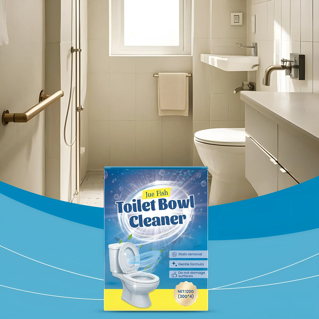 Four sachets of toilet cleaning powder on a bathroom background, total weight 120g.