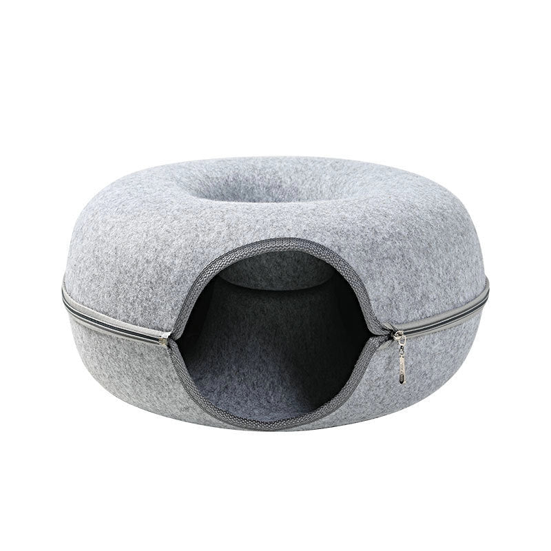 Round woolen felt cat nest with tunnel for interactive play, available in multiple colors and sizes