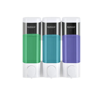 Wall-mounted three-head soap dispenser in white, silver grey, and gold options