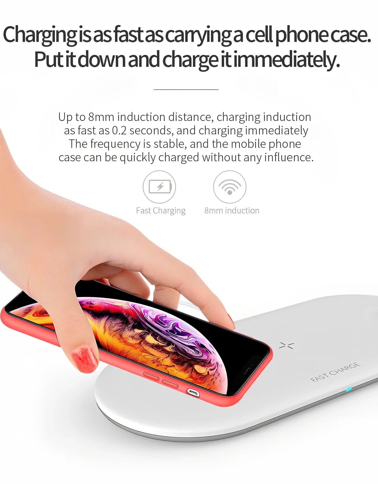 Black three-in-one wireless charger for iPhone at 10W, AirPods and Apple Watch at 5W, Qi standard with rubber base