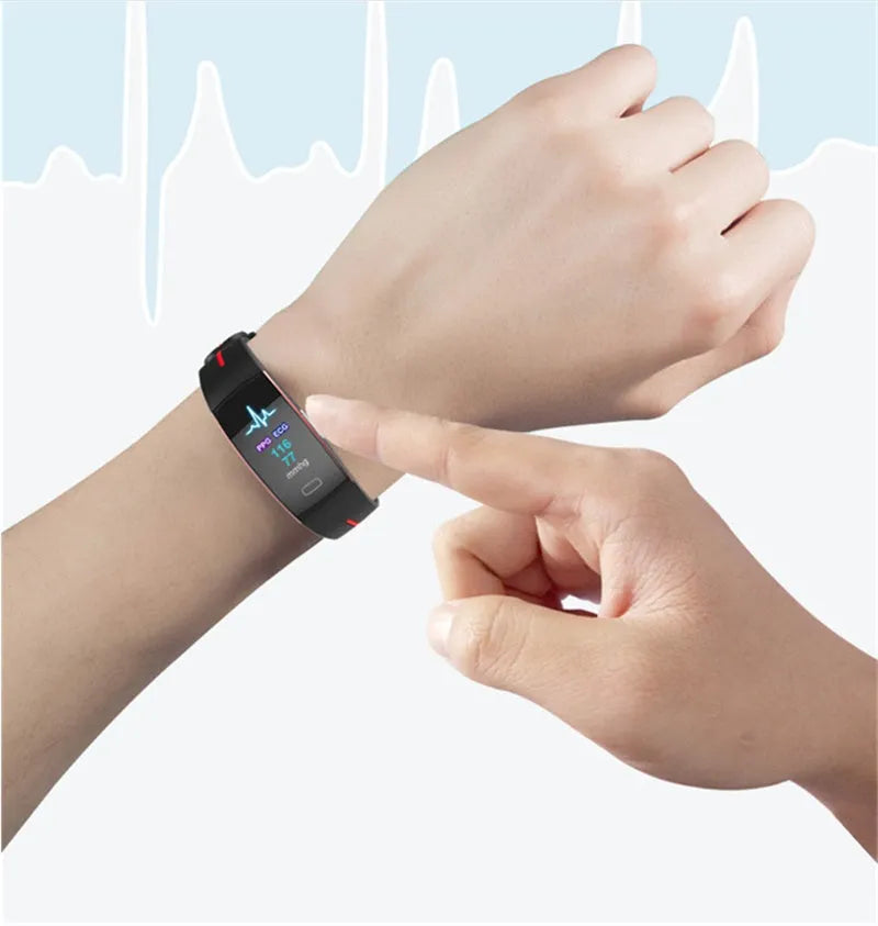 Smart watch with OLED touch display and silicone wristband on a wrist, showing heart rate monitoring screen