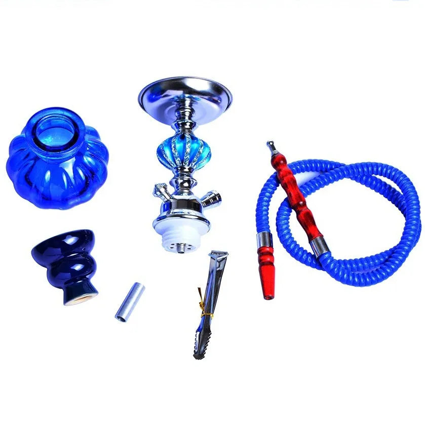 Clear glass single tube hookah bottle 26cm tall with black base on table