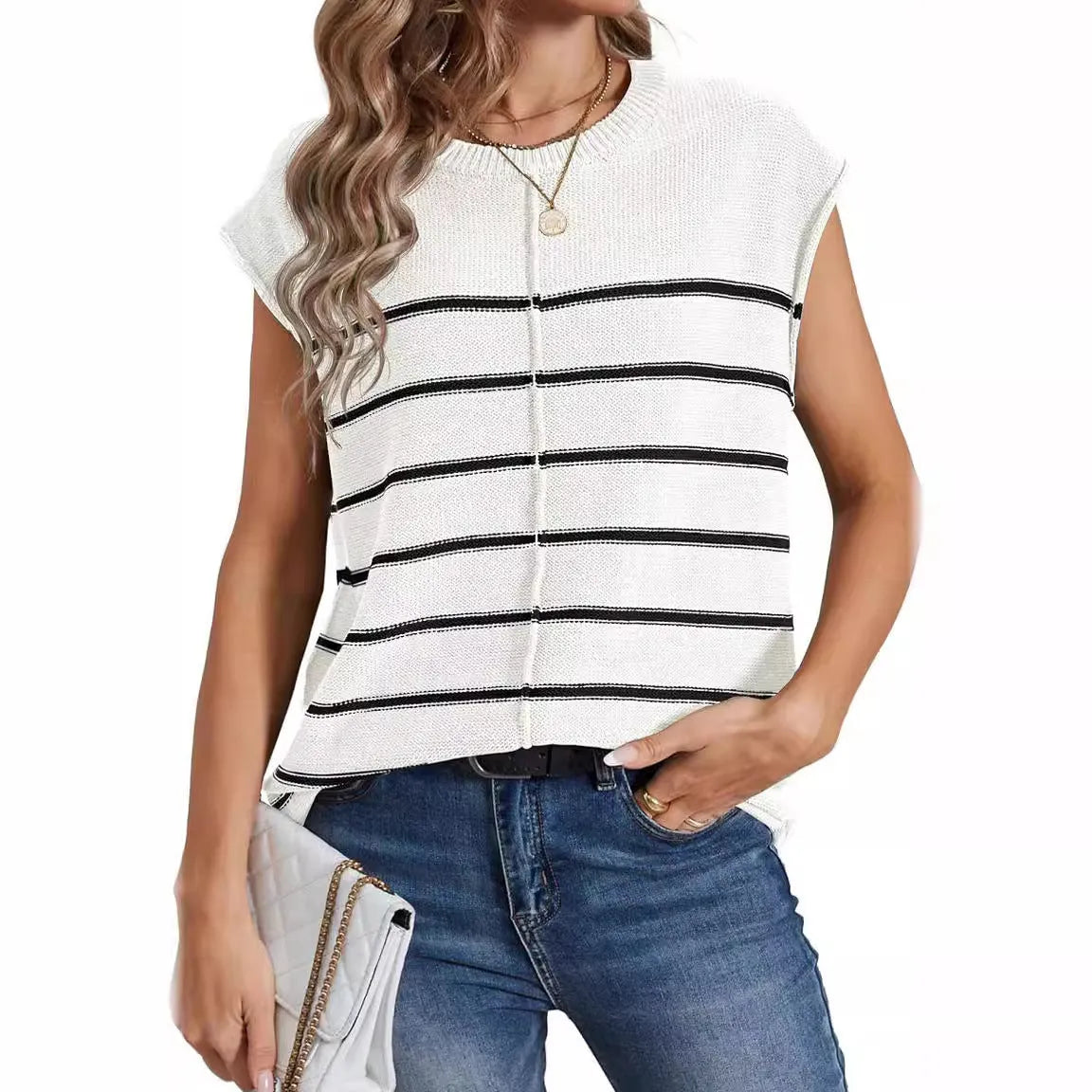 Women's striped sleeveless pullover vest with bone stitching detail in acrylic knit.