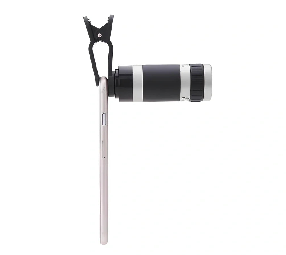 Silver 8x optical telescopic lens for phones, 1.2x7 inches, clips on for 240-yard magnification views