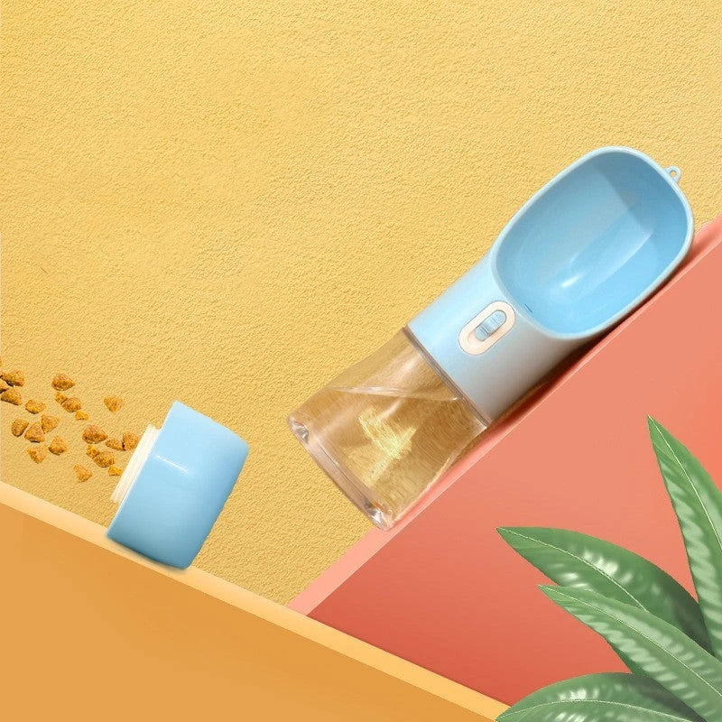 Portable Dog Water Bottle Feeder for outdoor adventures, available in blue, pink, green, and grey.