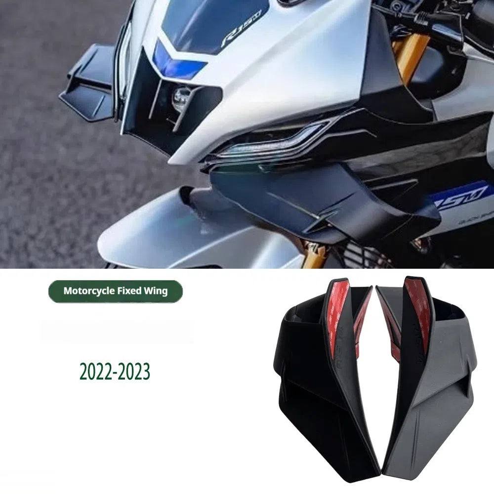 Motorcycle bodywork small wing side wing spoiler in bright black finish on a fairing