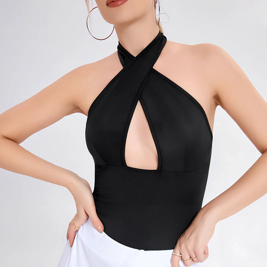 Black women's sleeveless suspender vest in cotton-spandex blend, sizes XS-L, 60cm length for fitted stretch wear