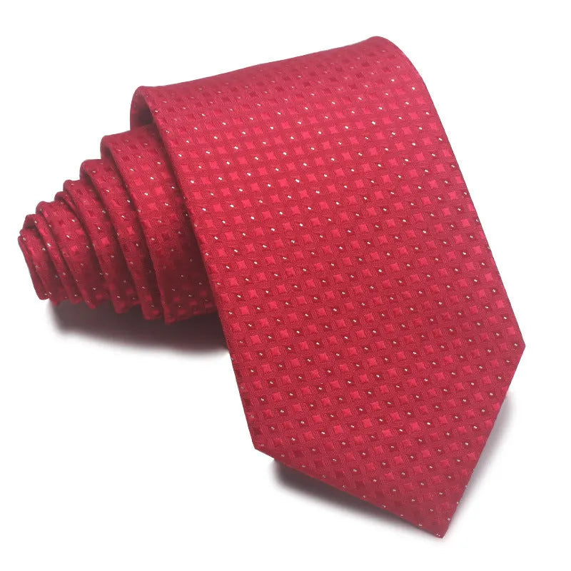 Polyester jacquard striped business tie with arrow point, shown in red, black, and blue colour options