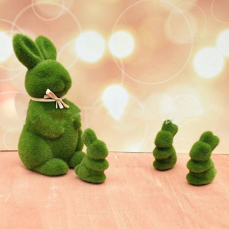Realistic moss-covered Easter bunny decoration made from lightweight foam and artificial grass