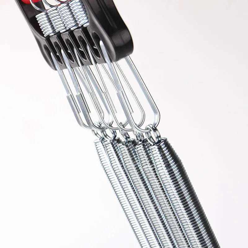 Spring multifunctional tension device with chest expander, arm strength trainer, and grip device in Rally colour, on white background