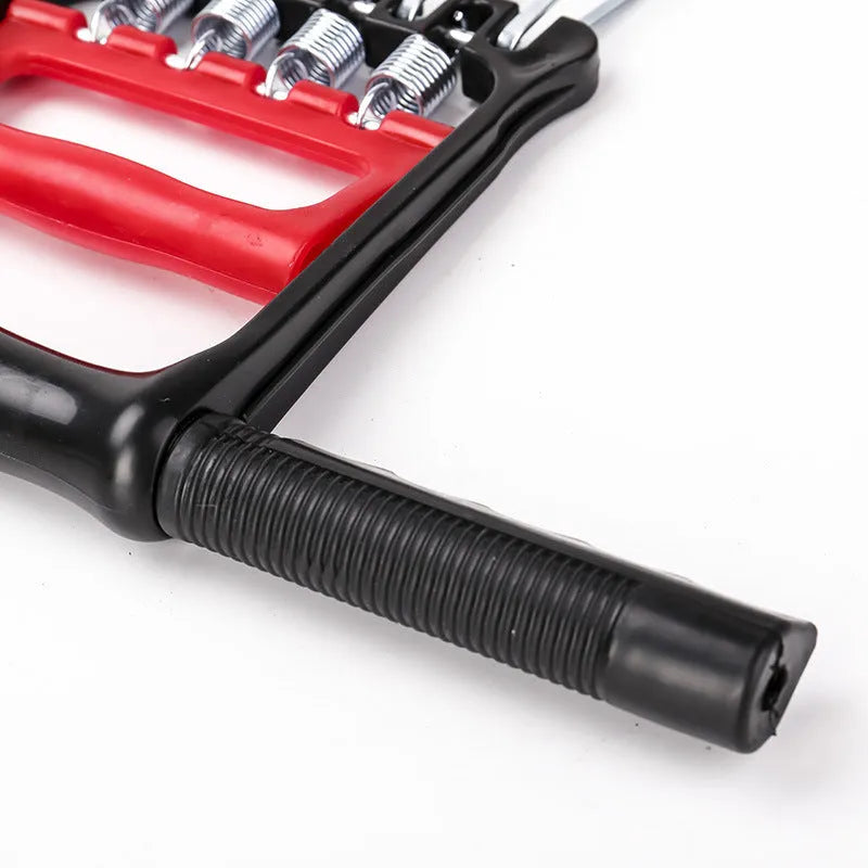Spring multifunctional tension device with chest expander, arm strength trainer, and grip device in Rally colour, on white background