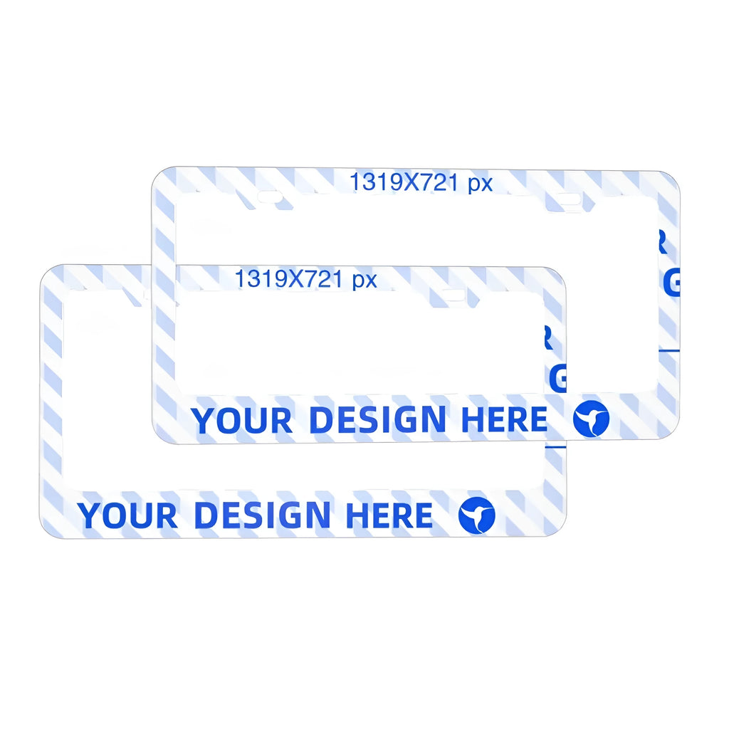 Pair of flat-hole aluminium license plate holders for front and rear car plates, customisable with printed design