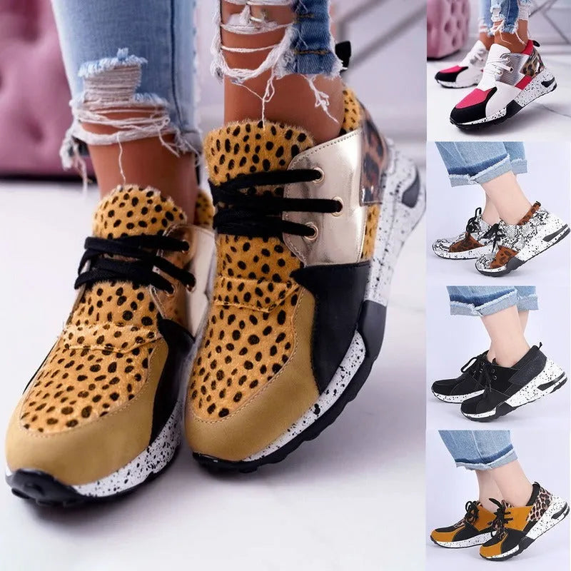 Women's suede sneakers with a wedge heel in various colours on a white background.