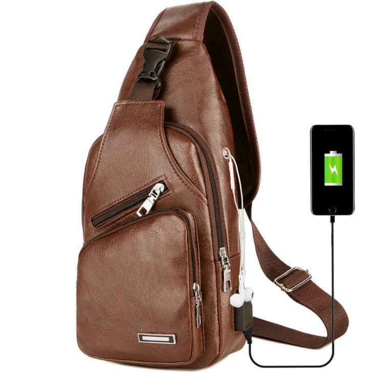 USB portable charging chest bag with headphone jack in various colors