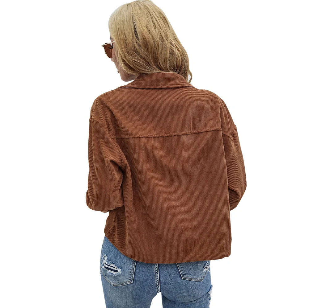 Women's brown corduroy slim coat with long sleeves and street hipster styling