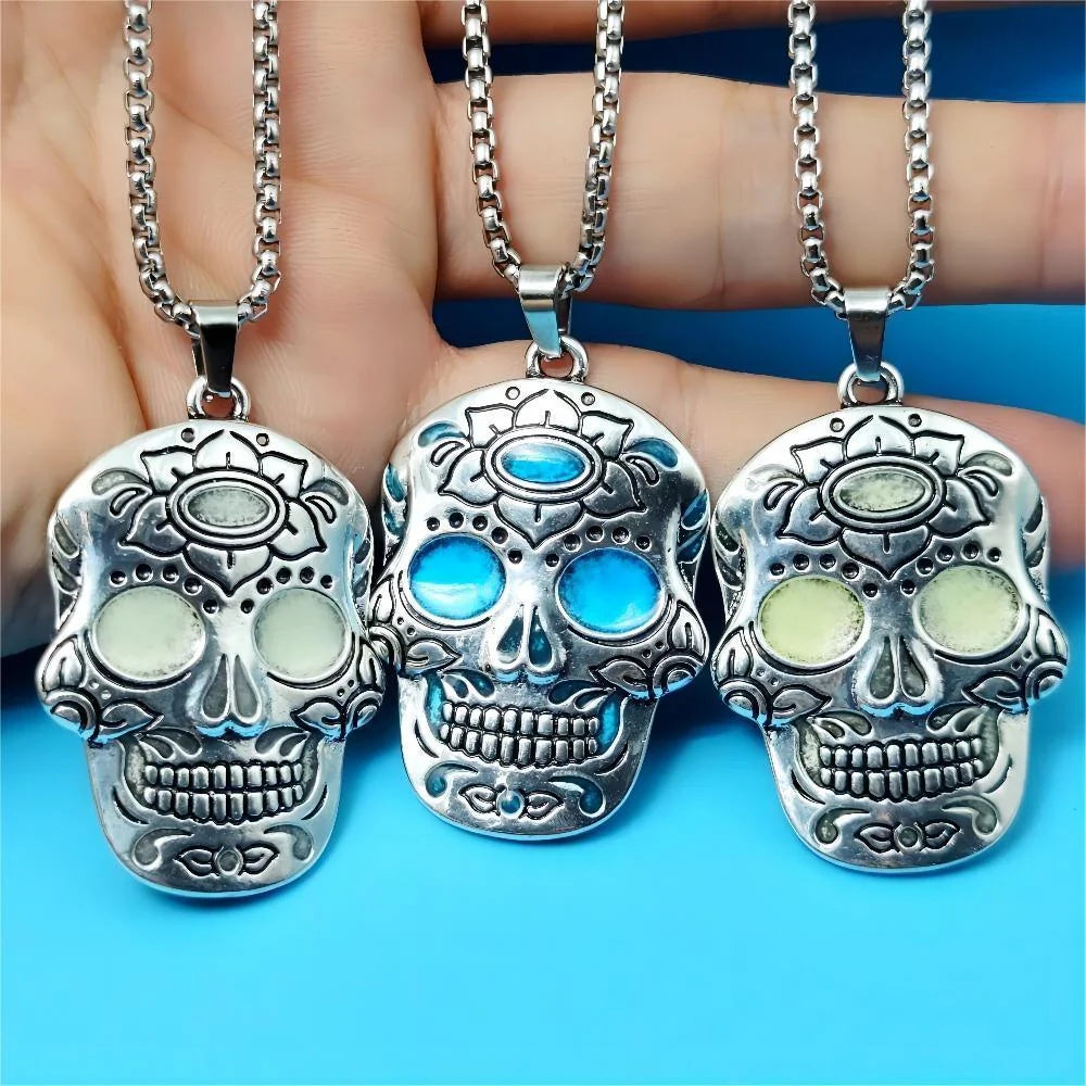 Halloween luminous skull necklace with Day of the Dead lotus pattern