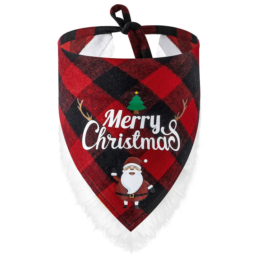 Red and green lace dog scarf with cotton plaid and polyester plush, twill weave, size L