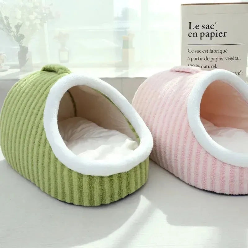 Thickened 3D plush dog cat bed with removable sponge in striped blue green pink yellow colours