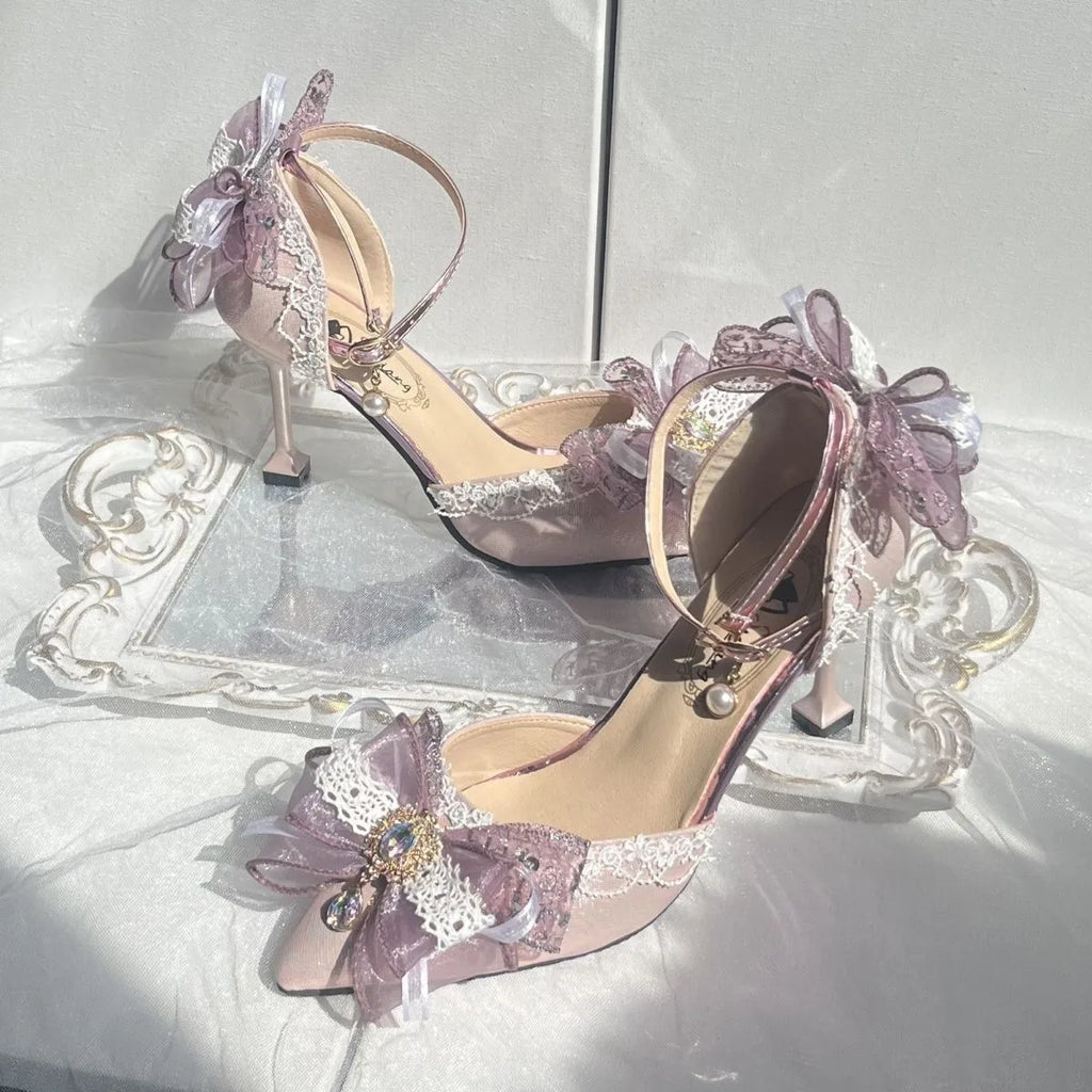 Purple satin women's wedding pumps with a flat heel and square toe.