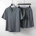 Loose fit cotton menswear two-piece set with short sleeve top and matching shorts in multiple colour options