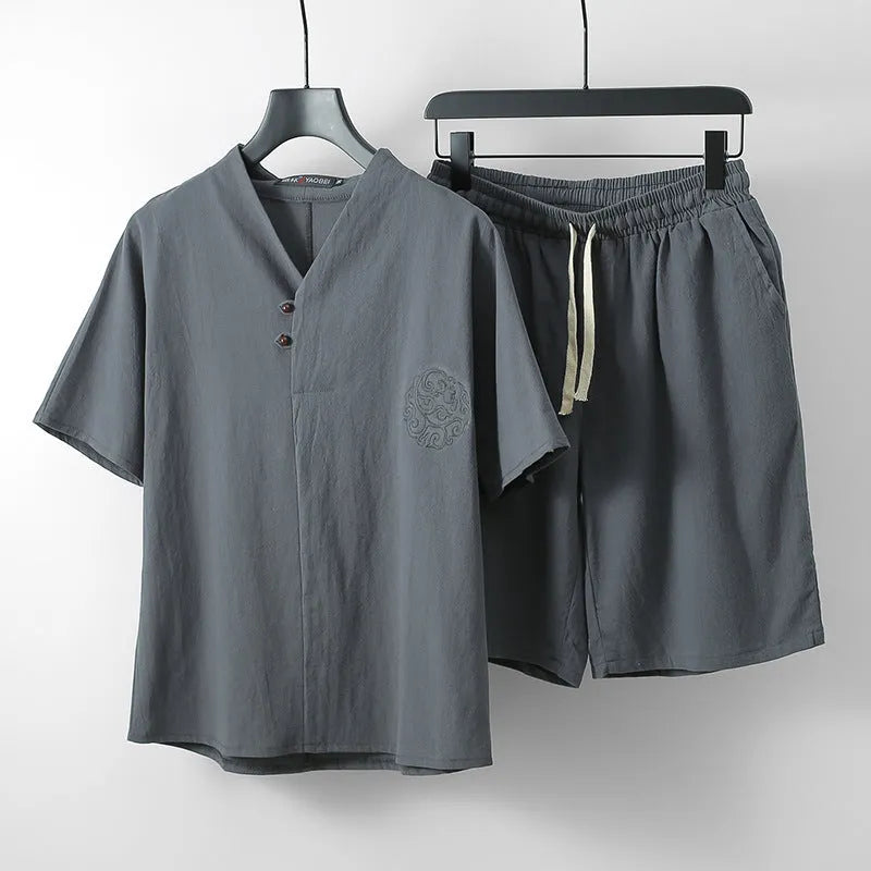 Loose fit cotton menswear two-piece set with short sleeve top and matching shorts in multiple colour options