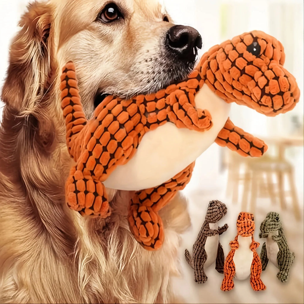 Grey green or orange dog chew toy with sound feature measuring 35cm long