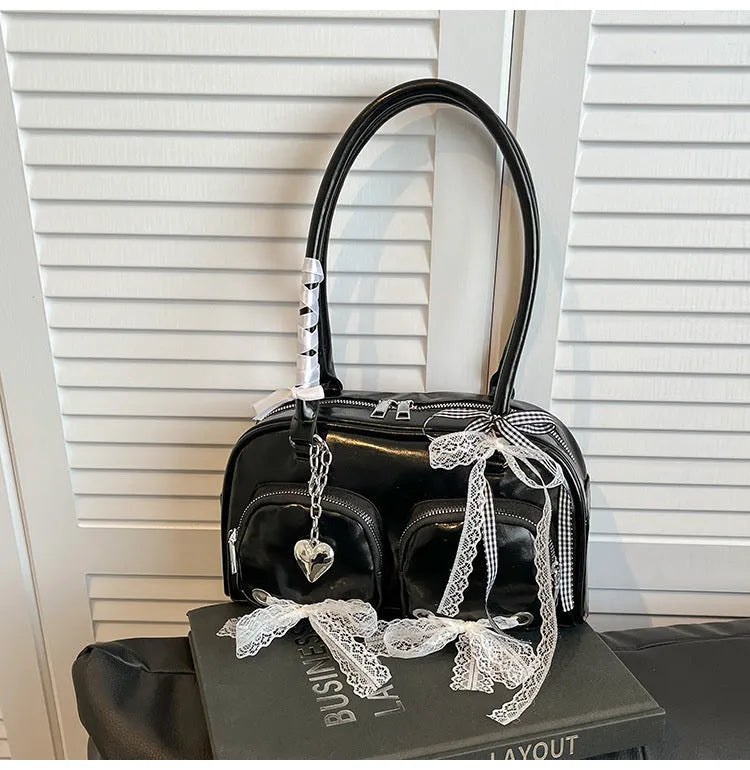 Large capacity horizontal square PU leather shoulder bag with double straps and phone compartment