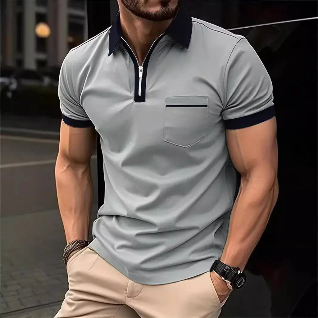 Men's casual short sleeve shirt with chest pocket and zipper decorations in multiple colour options