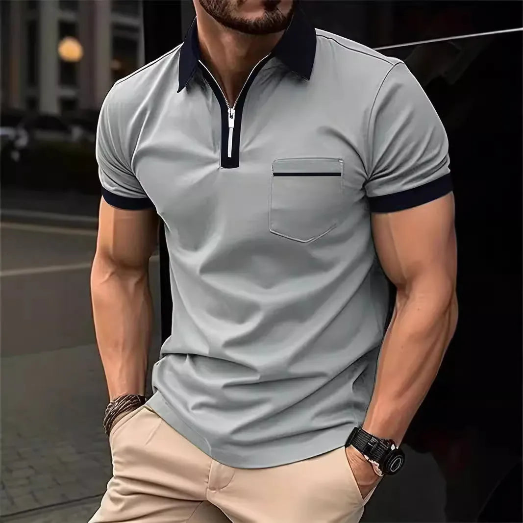 Men's casual short sleeve shirt with chest pocket and zipper decorations in multiple colour options