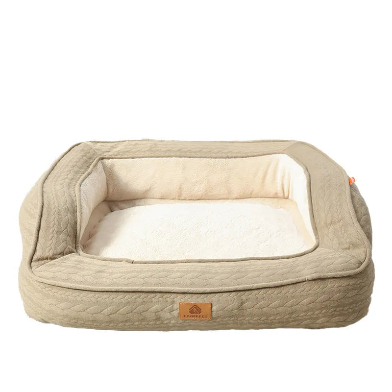 Rust red sofa-style dog bed with removable washable cloth cover, size XL, on a light floor