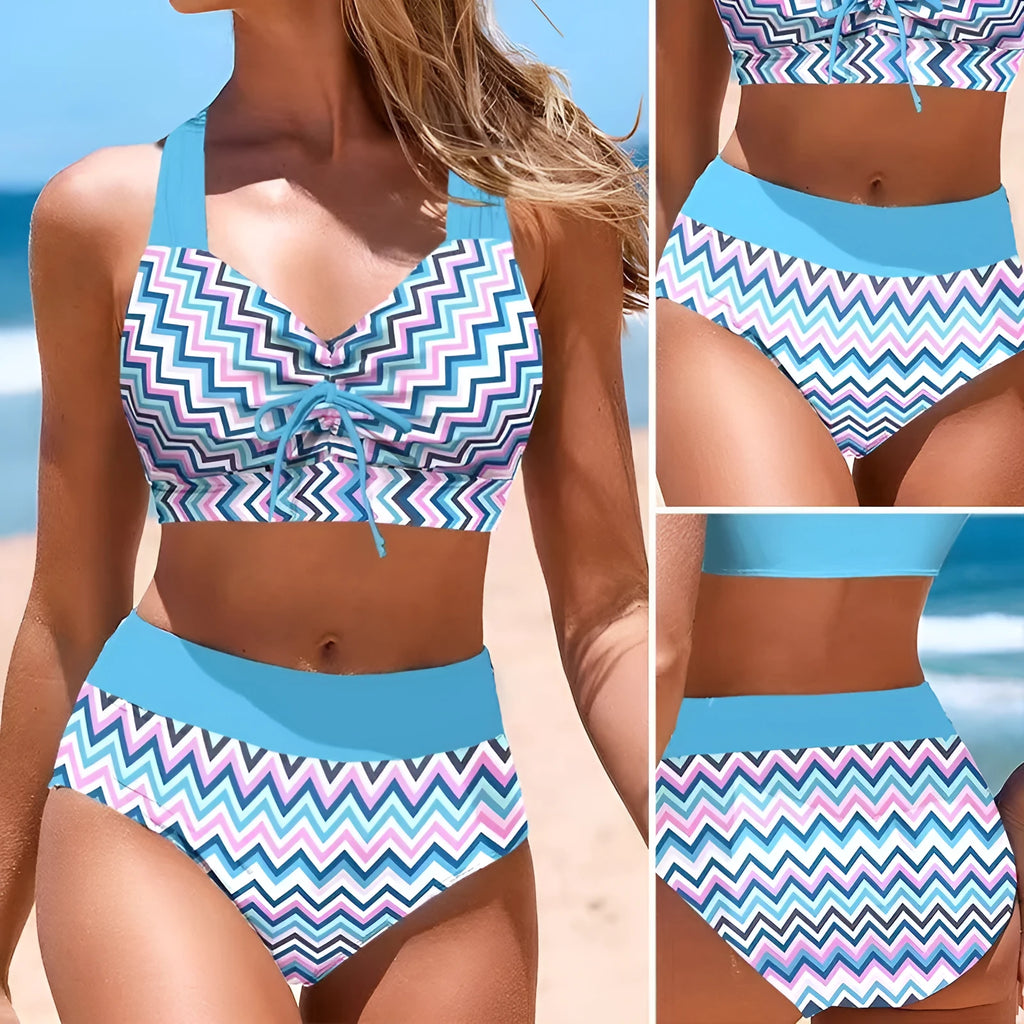 Solid colour women's cross sling split swimsuit in brief style made from polyester fabric.