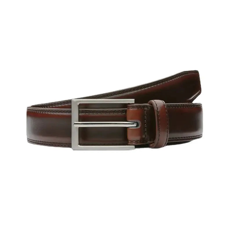 Men's brown genuine leather belt with 95 grain texture and alloy metal buckle laid flat.