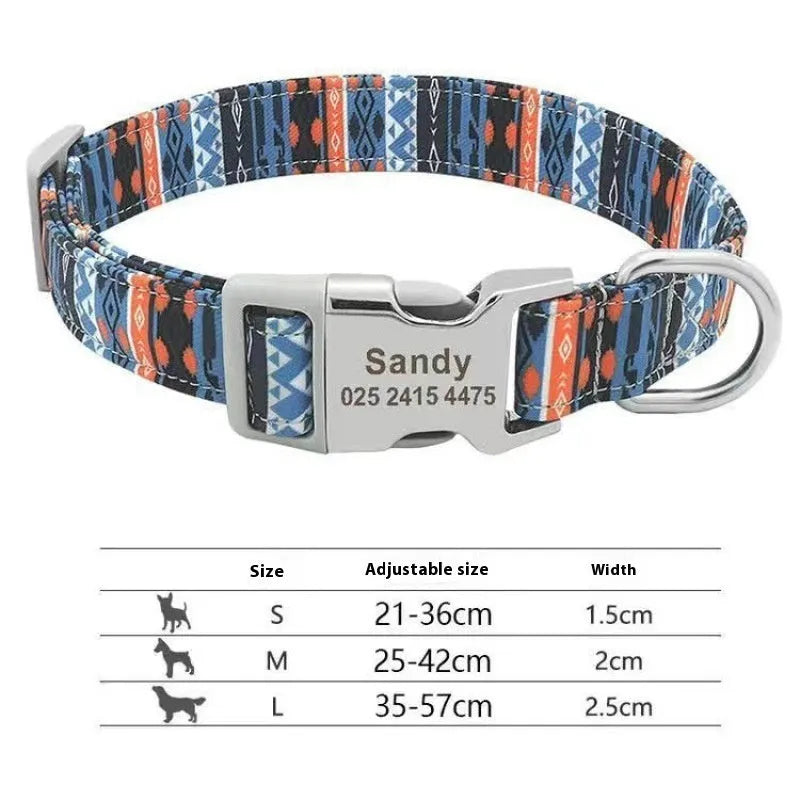 Canvas dog collar with semi-metal buckle in bohemian blue pattern for medium and large dogs