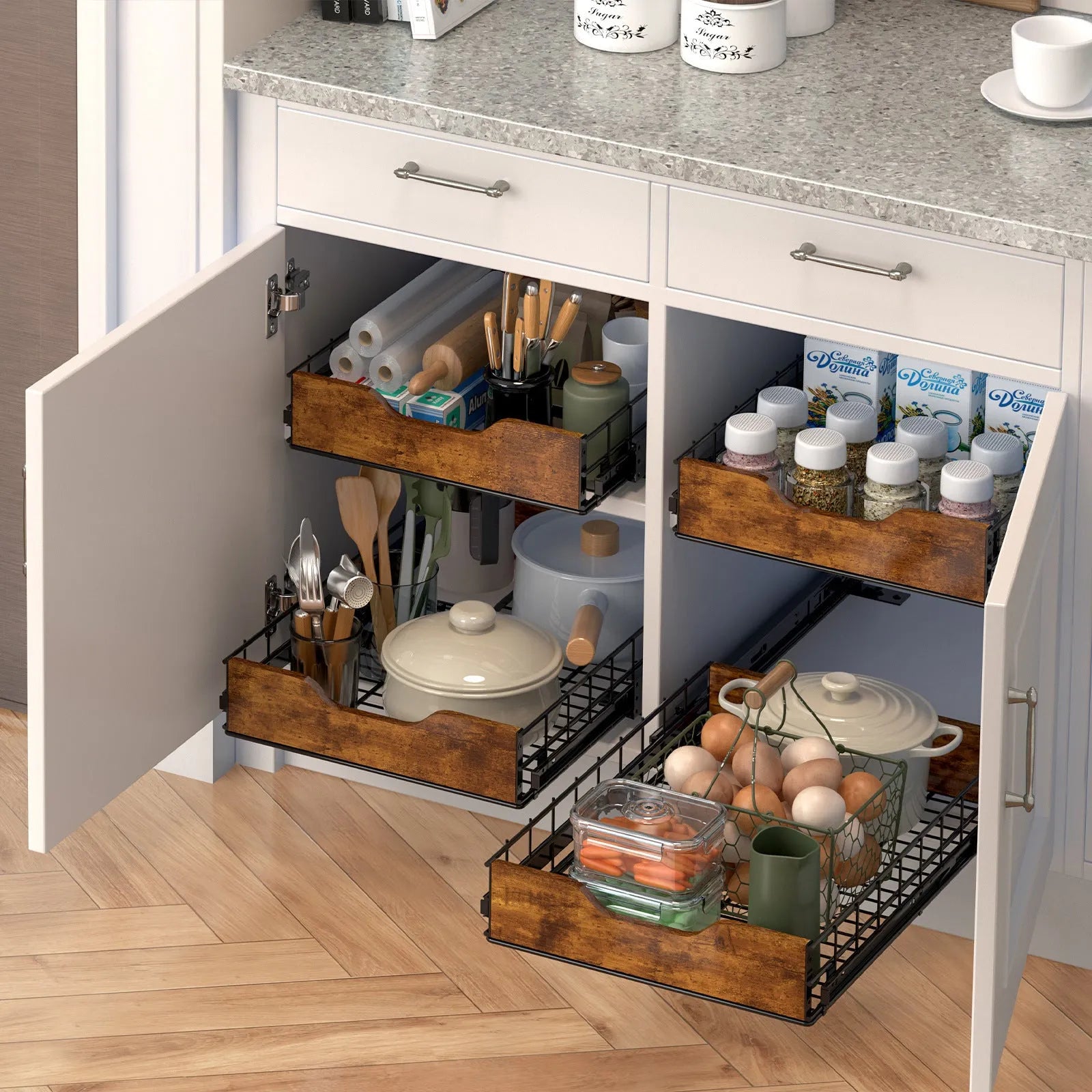 Black wooden and iron storage rack with a pull-out wire basket drawer.