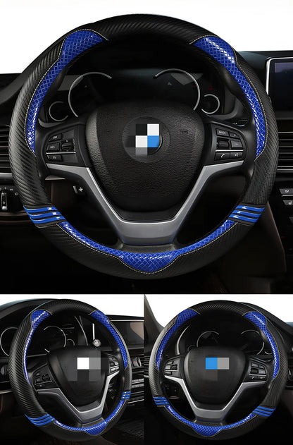 Cute cat steering wheel cover in carbon fibre black with blue accents for 38cm diameter, imitation leather material