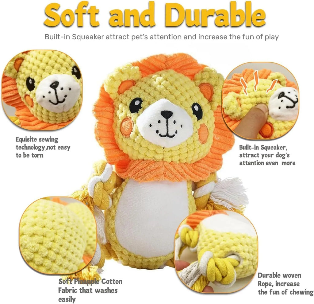 Lion and monkey plush squeaky dog toys for medium to large breeds