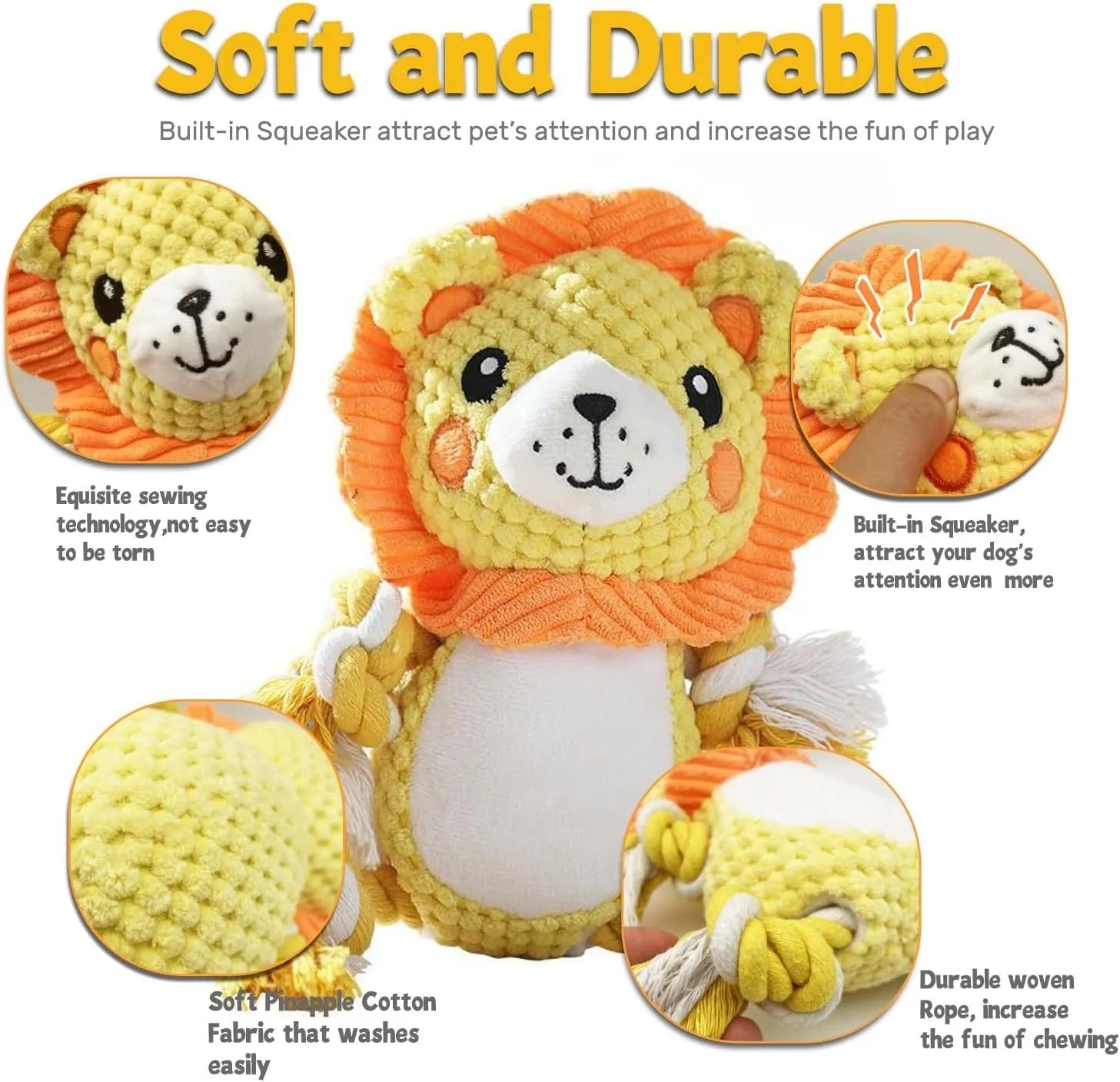 Lion and monkey plush squeaky dog toys for medium to large breeds