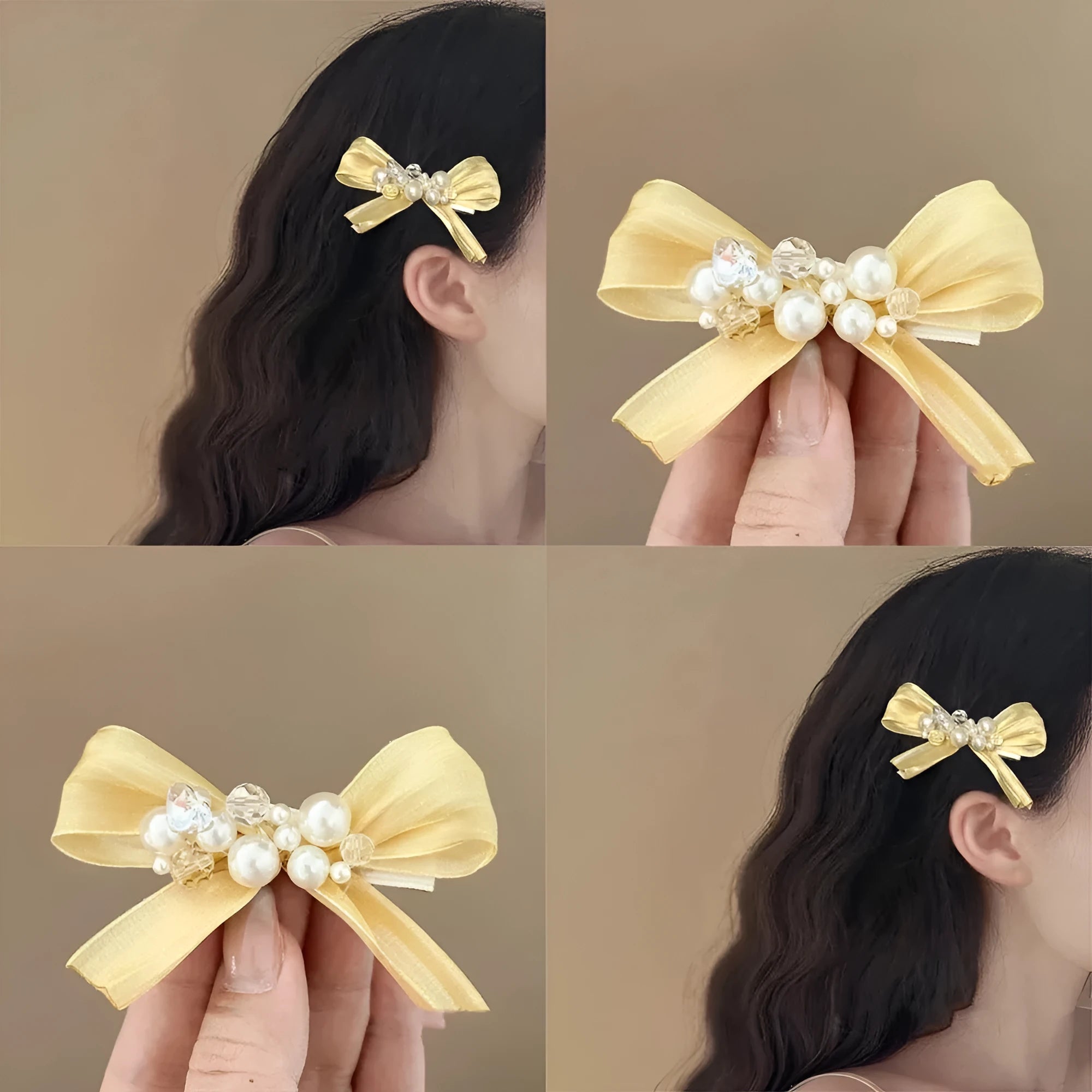 Yellow bow hair barrette with rhinestone pearl detailing and duckbill clip design