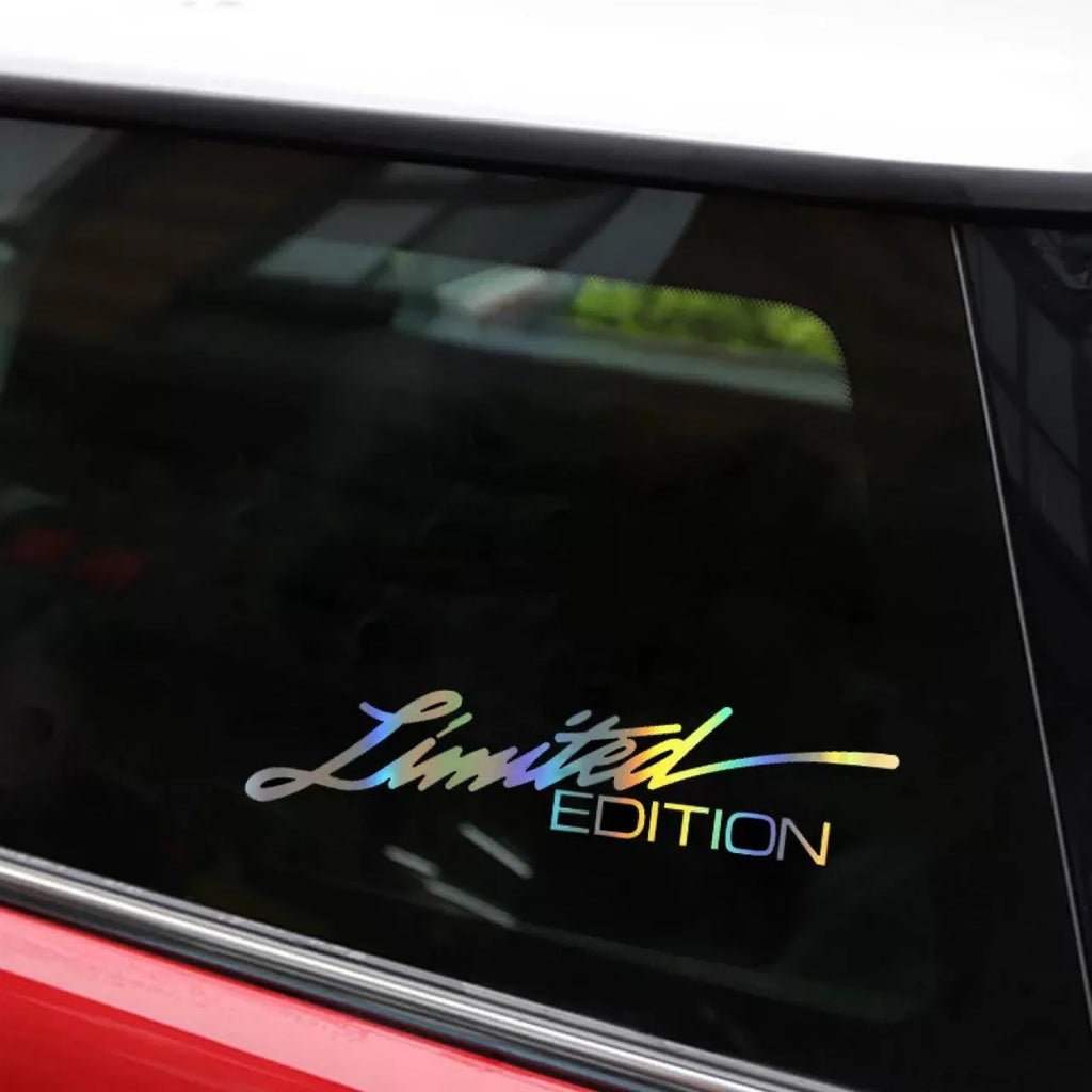Black laser reflective car sticker with text design on PET material for vehicle decoration.