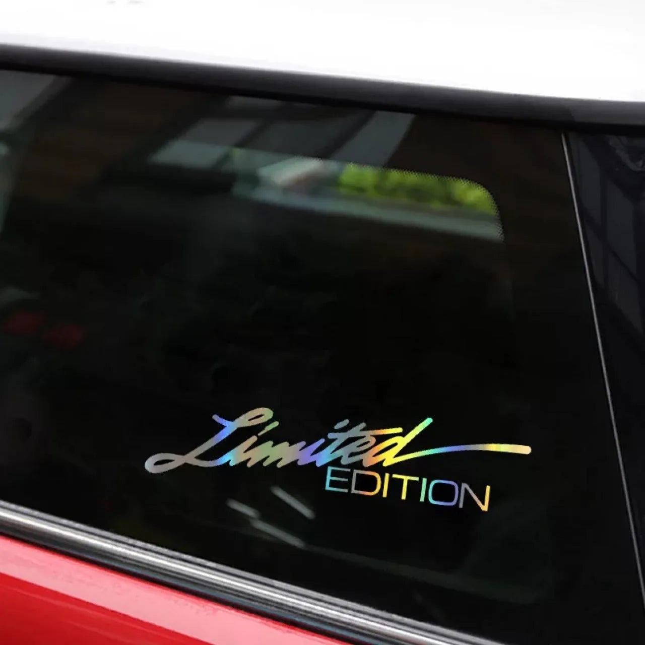 Black laser reflective car sticker with text design on PET material for vehicle decoration.