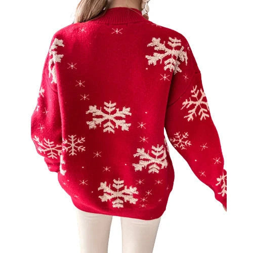 Women's Christmas snowflake print knitted sweater in red, green, and grey