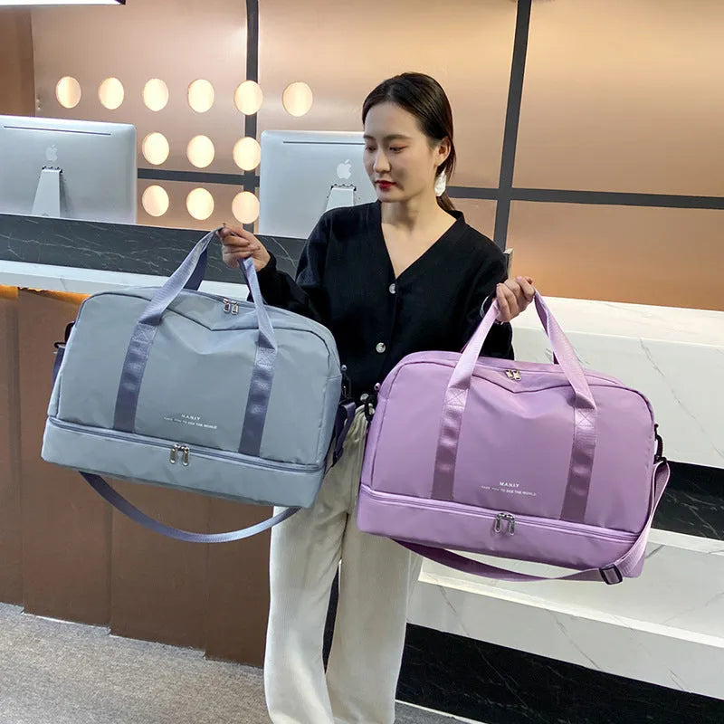 Large capacity waterproof travel bag in blue Oxford cloth for short business trips with dry wet separation compartment