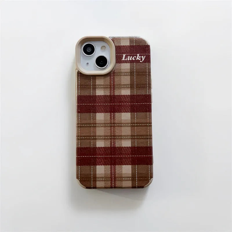 Lambskin plaid letters luck anti-fall silicone phone case for iPhone 13 Pro, light coffee colour, all-inclusive embossed design