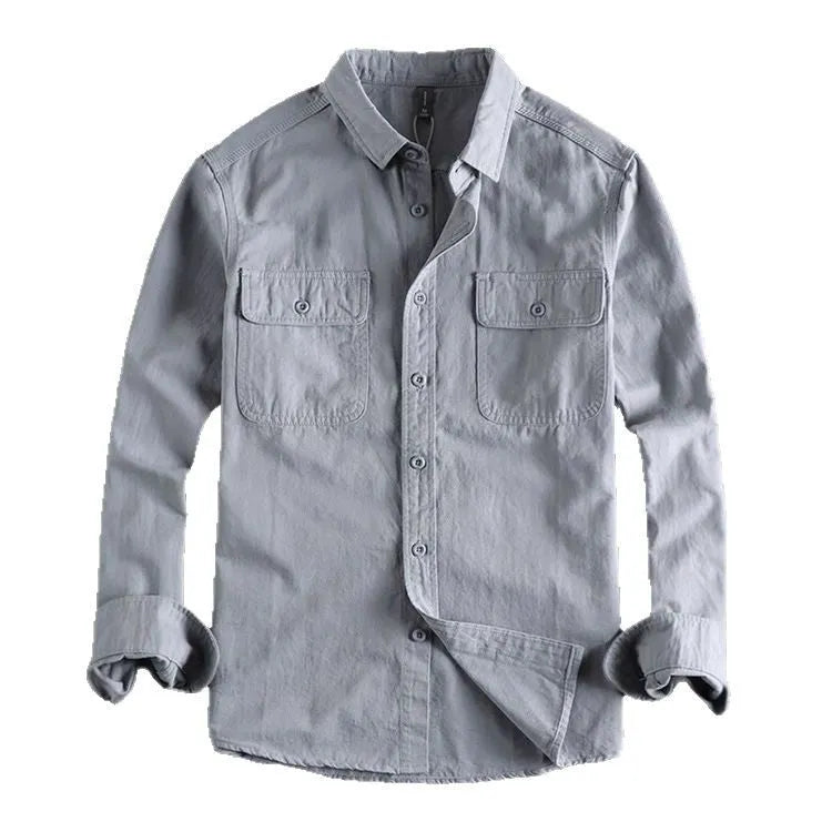 Man's loose fitting long sleeve cardigan shirt in light grey, black, khaki, or green.