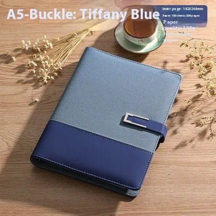 A5 soft PU leather business notebook in choice of five colours, shown with wood-free paper pages and optional gift box.