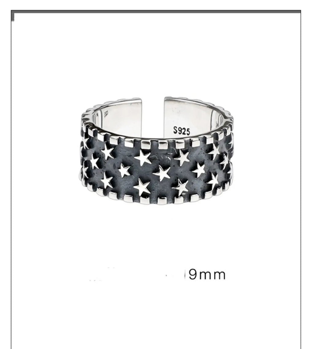 Adjustable sterling silver ring with geometric five-pointed star design for men and women