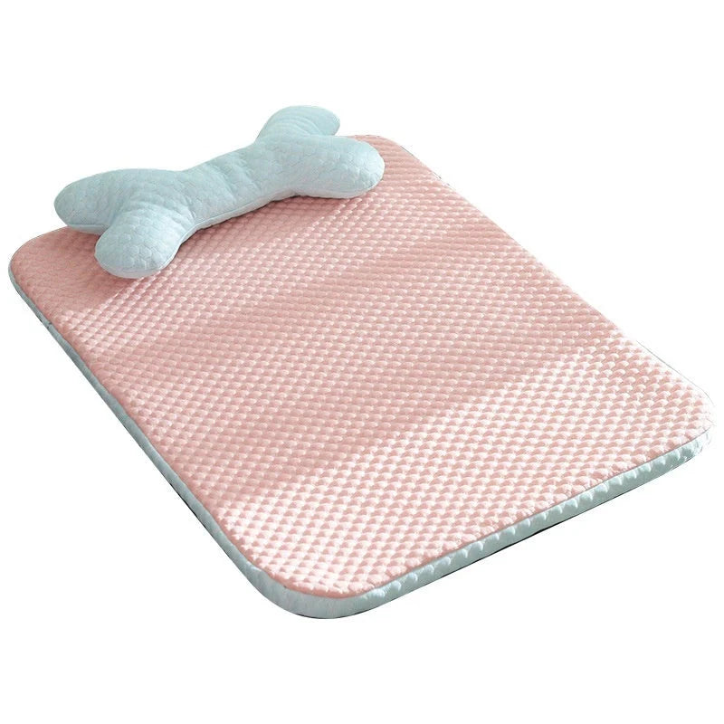 Breathable Cooling Pet Mat for small to medium dogs and cats in pink with big-eyed animal theme
