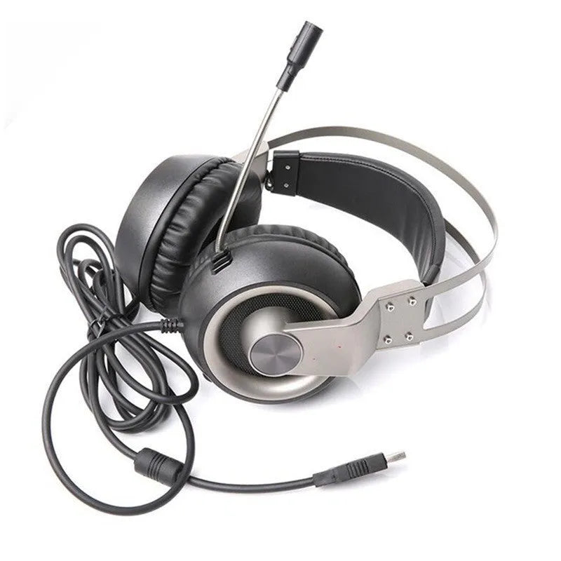 Head-mounted wired USB gaming headset in black with 50mm driver and microphone, 2.2m cable