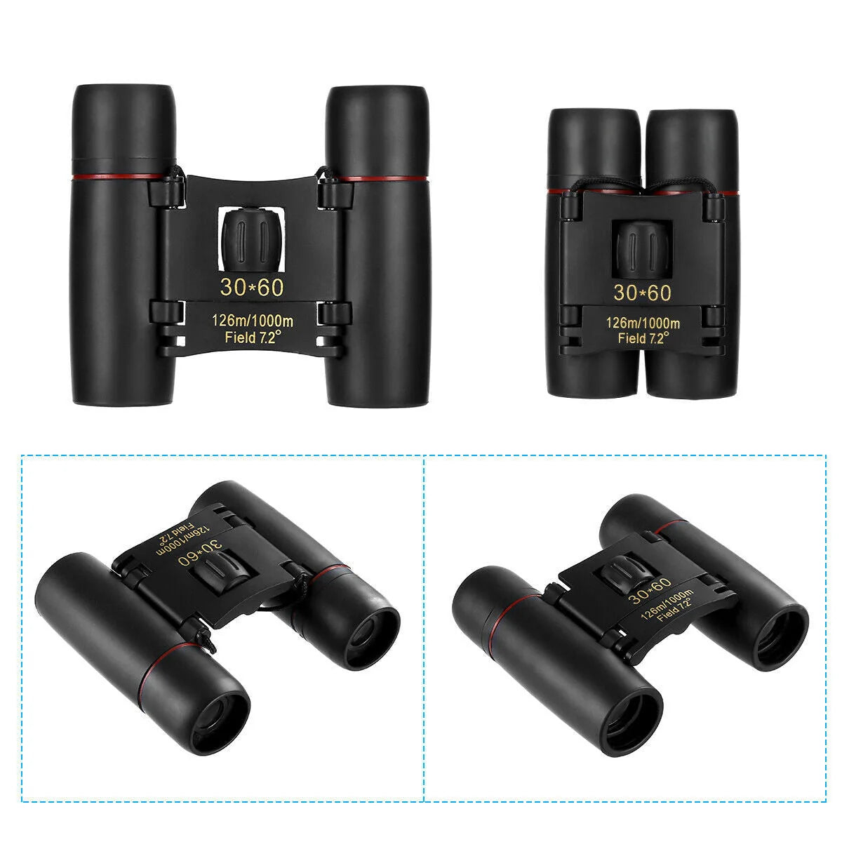 Compact 30x60 zoom binoculars with carry bag, ideal for outdoor adventures and events.